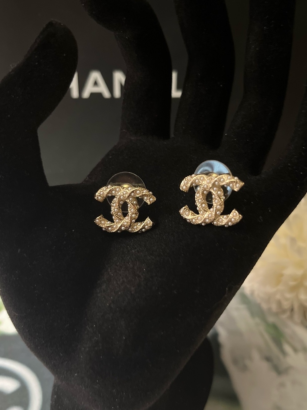 CHANEL Gold pearl Crystal CC Logo Stud Earrings